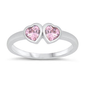 Sterling Silver Double Pink CZ Hearts Ring Solid 925 New 4mm Sizes 1-5