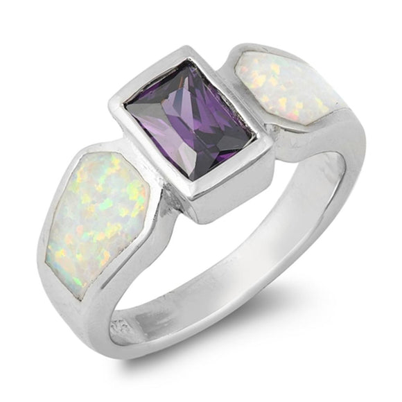 Amethyst CZ Square Solitaire Polished Ring .925 Sterling Silver Band Sizes 5-10