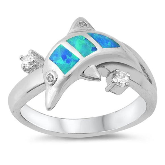Dolphin Clear CZ Blue Lab Opal Classic Ring .925 Sterling Silver Band Sizes 5-9