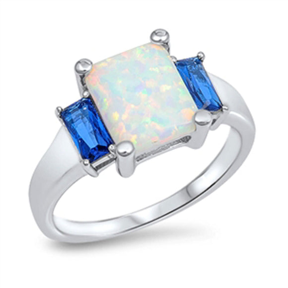 Rectangle White Lab Opal Blue Sapphire CZ Ring .925 Sterling Silver Sizes 4-10