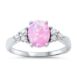 Oval Pink Lab Opal Clear CZ Cluster Ring New 925 Sterling Silver Band Sizes 4-12