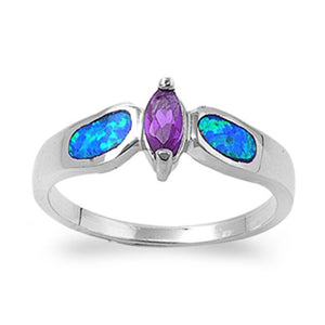 Marquise Amethyst CZ Blue Lab Opal Accent Ring .925 Sterling Silver Sizes 5-9