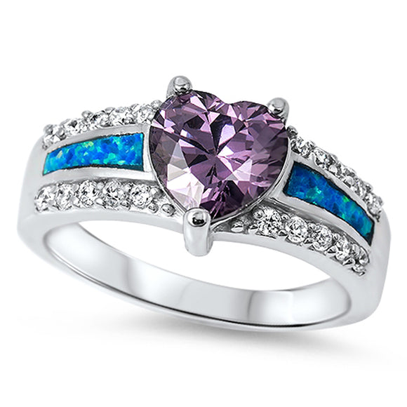 Heart Amethyst CZ Blue Lab Opal White Accent Ring 925 Sterling Silver Sizes 5-10