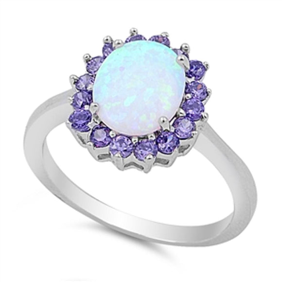 White Lab Opal Halo Amethyst CZ Promise Ring New .925 Sterling Silver Sizes 5-10