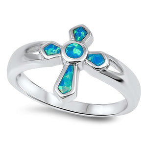 Cross Ring Blue Lab Opal New .925 Sterling Silver Christian Band Sizes 5-10