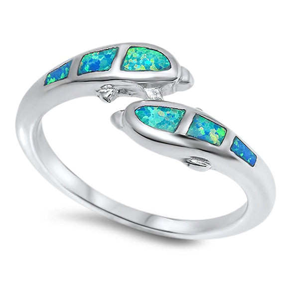 Dolphin Pair Blue Lab Opal Unique Ring New .925 Sterling Silver Band Sizes 5-10