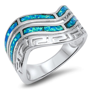 Wave Greek Key Blue Lab Opal Classic Ring .925 Sterling Silver Band Sizes 6-10