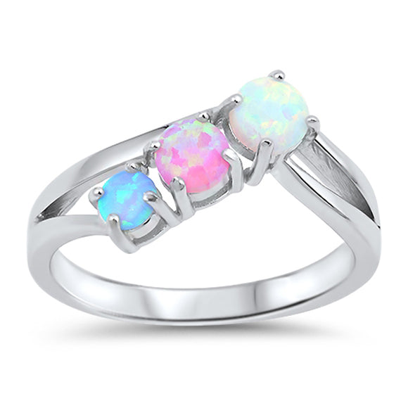 Triple Blue White Pink Lab Opal Ring New .925 Sterling Silver Band Sizes 4-10