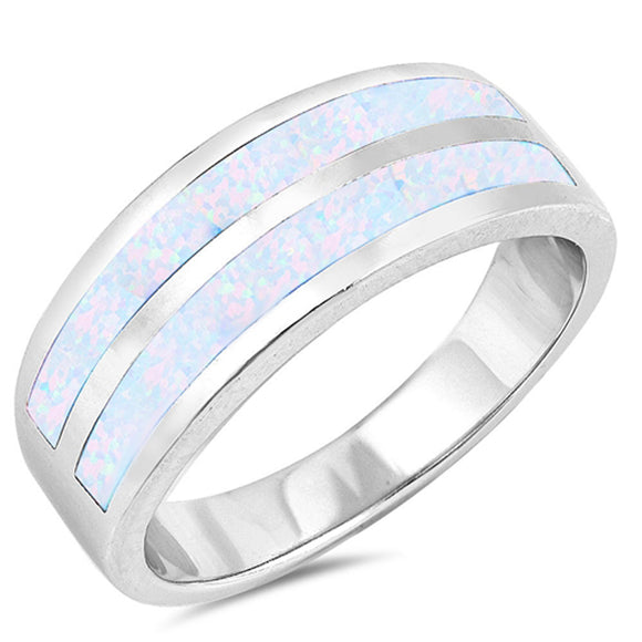 White Lab Opal Wide Wedding Ring New .925 Sterling Silver Fire Band Sizes 5-12