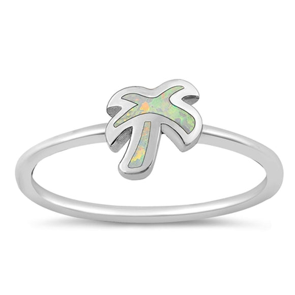 Sterling Silver White Lab Opal Palm Tree Ring