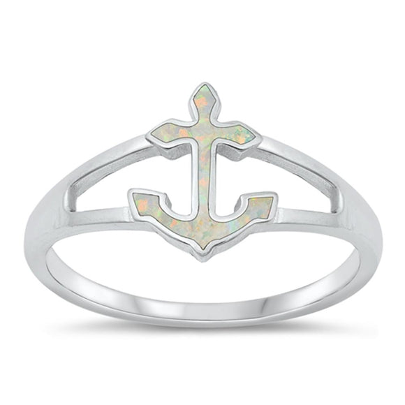 Sterling Silver White Lab Opal Anchor Ring