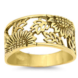 Sterling Silver Gold-Tone Sunflower Ring Filigree Flower Leaf Band Sizes 5-10
