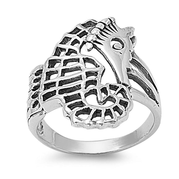 Sterling Silver Woman's Seahorse Fashion Ring Classic 925 Band 24mm Sizes 3-10