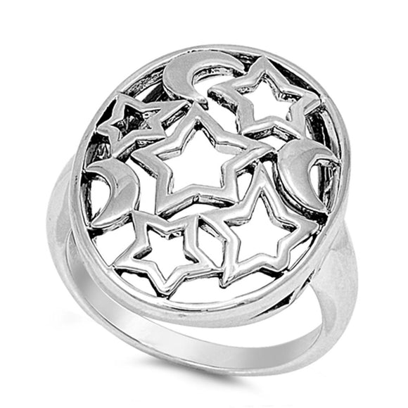 Universe Star Moon Cutout Classic Ring New .925 Sterling Silver Band Sizes 6-9