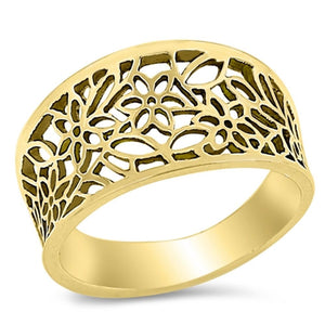 Gold-Tone Filigree Flower Victorian Leaf Ring Sterling Silver Band Sizes 5-10