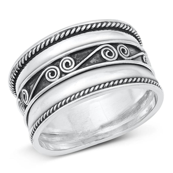 Sterling Silver Women's Bali Rope Ring Wide 925 Band Swirl Center New Sizes 5-12