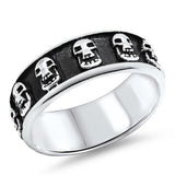 Biker Skull Ring Eternity Black New .925 Sterling Silver Face Band Sizes 5-15