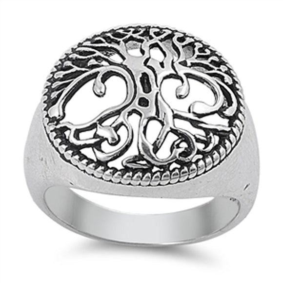 Women's Tree of Life Polished Ring 925 Sterling Silver Bali Rope Band Sizes 5-10
