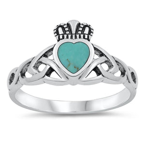 Claddagh Turquoise Heart Celtic Knot Ring .925 Sterling Silver Band Sizes 5-9