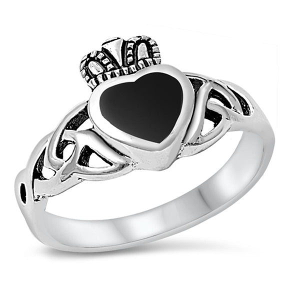 Claddagh Celtic Heart Black Onyx Promise Ring .925 Sterling Silver Sizes 4-10