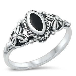Bali Black Onyx Flower Ring New .925 Sterling Silver Band Sizes 4-10