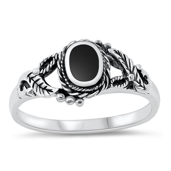 Black Onyx Solitaire Bali Rope Leaf Ring .925 Sterling Silver Band Sizes 5-10