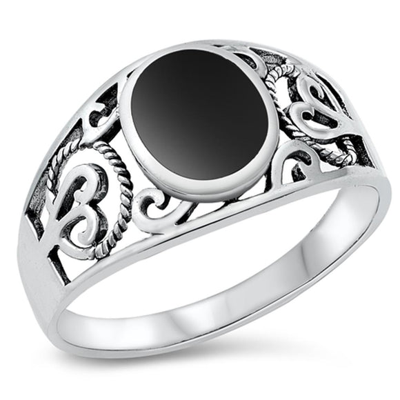 Wide Black Onyx Filigree Bali Rope Ring New .925 Sterling Silver Band Sizes 5-10