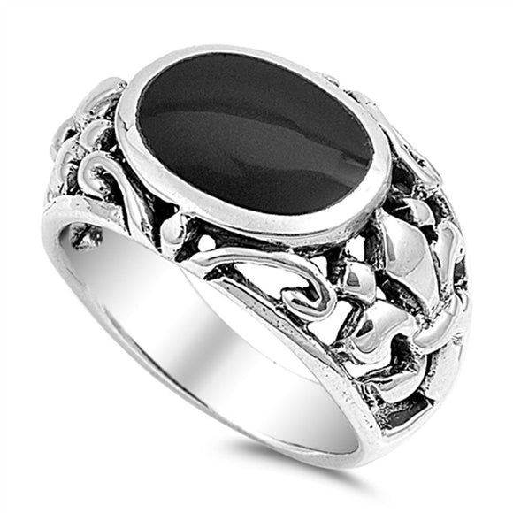 Oval Black Onyx Fleur De Lis Filigree Ring New .925 Sterling Silver Band Sizes 8-13