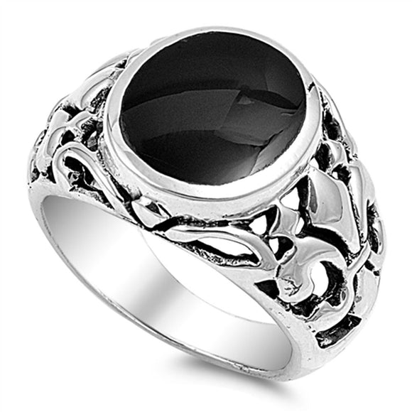 Black Onyx Fleur De Lis Filigree Ring New .925 Sterling Silver Band Sizes 9-13