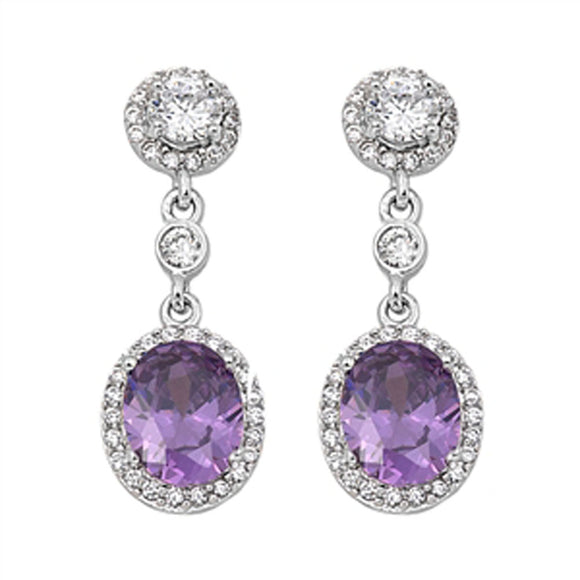 Halo Oval Hanging Earrings Simulated Amethyst Clear Simulated CZ .925 Sterling Silver