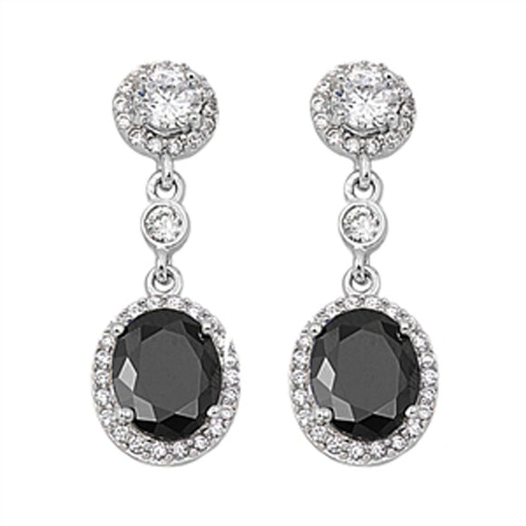 Halo Oval Hanging Earrings Black Simulated CZ Clear Simulated CZ .925 Sterling Silver
