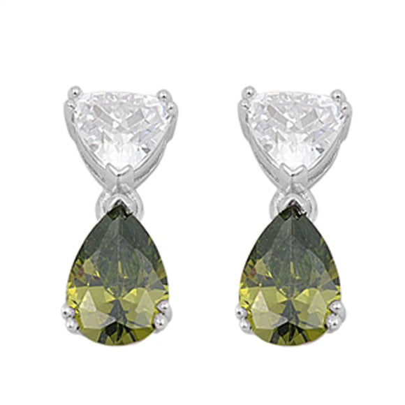 Teardrop Earrings Olive Green Simulated CZ Clear Simulated CZ .925 Sterling Silver