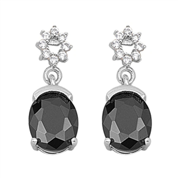 Oval Hanging Earrings Black Simulated CZ Clear Simulated CZ .925 Sterling Silver