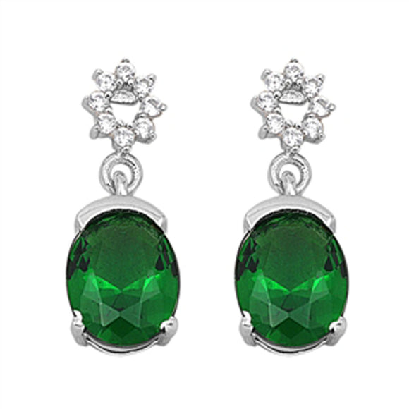 Oval Hanging Earrings Simulated Emerald Clear Simulated CZ .925 Sterling Silver