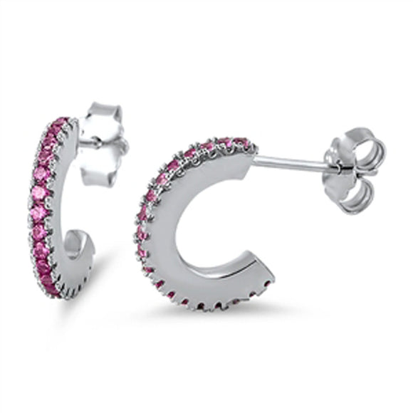 Bar Line Earrings Pink Simulated CZ .925 Sterling Silver