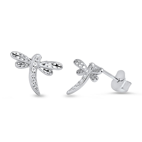 Animal Sparkly Studded Dragonfly Wing Clear Simulated CZ .925 Sterling Silver Earrings