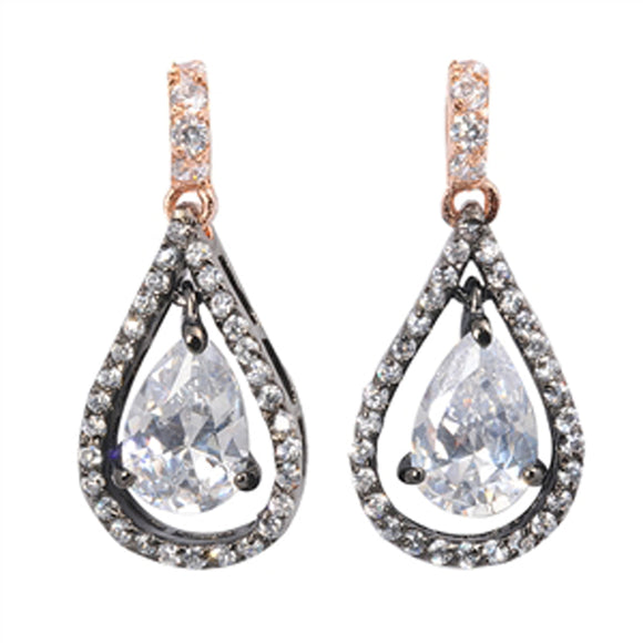 Sparkly Open Dangle Fancy Vintage Teardrop Ornate Clear Simulated CZ .925 Sterling Silver Earrings
