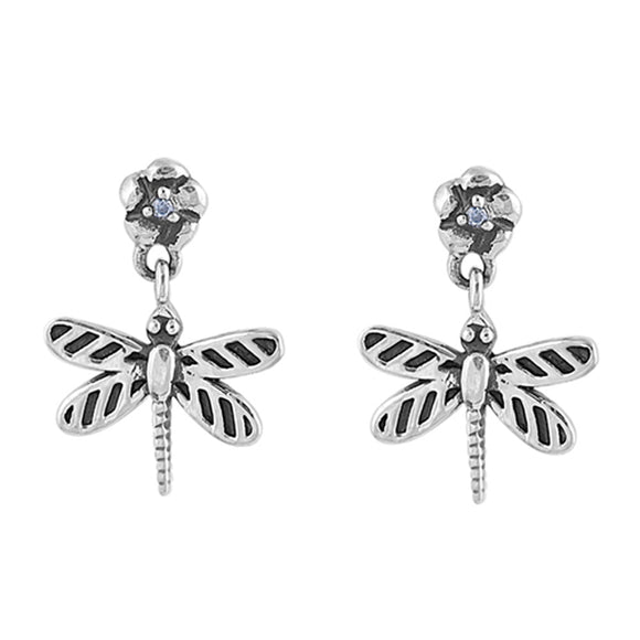 Animal Oxidized Dragonfly Flower Dangle Cute Clear Simulated CZ .925 Sterling Silver Earrings