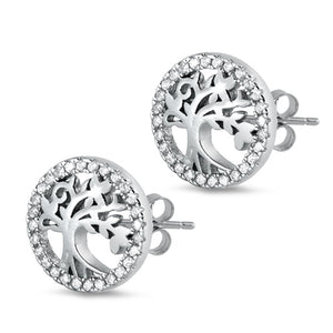 Sterling Silver Elegant Studded Tree of Life Cutout Studded Earrings Clear CZ