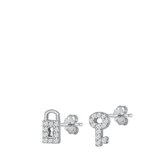 Sterling Silver Beautiful Clear CZ Lock & Key Stud High Polished Earrings 925