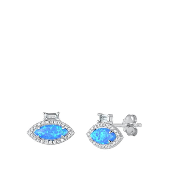 Sterling Silver Cute Blue Synthetic Opal Clear CZ Marquise Stud Earrings 925 New