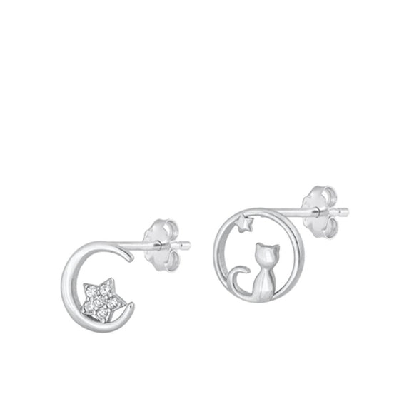 Sterling Silver Unique High Polished Moon & Cat Clear CZ Earrings 925 New