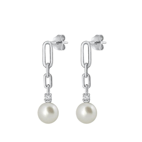 Sterling Silver Chic Fashion Freshwater Pearl Clear CZ Dangle Earrings 925 New