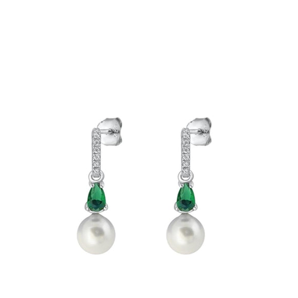 Sterling Silver Beautiful Emerald & Clear CZ Freshwater Pearl Earrings 925 New