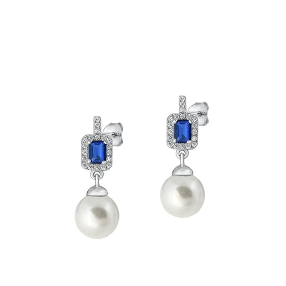 Sterling Silver Fashion Clear CZ Blue Sapphire CZ Freshwater Pearl Earrings 925