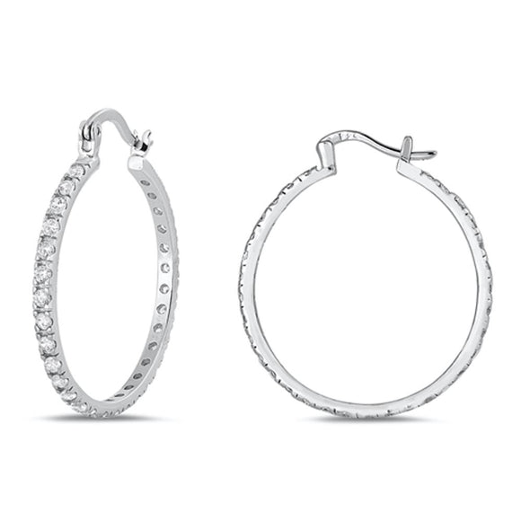 Sterling Silver Unique High Polished Clear CZ Studded Hoop Earrings .925 New