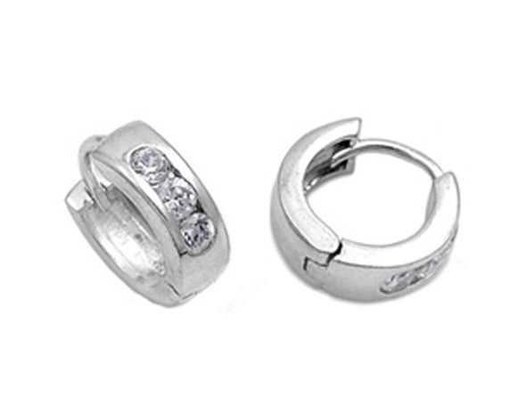 Huggie Hoop Earrings Clear Simulated CZ .925 Sterling Silver