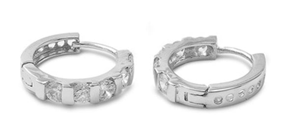 Huggie Hoop Earrings Clear Simulated CZ .925 Sterling Silver