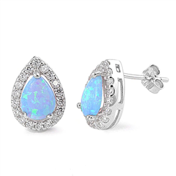 Halo Teardrop Earrings Light Blue Simulated Opal Clear Simulated CZ .925 Sterling Silver