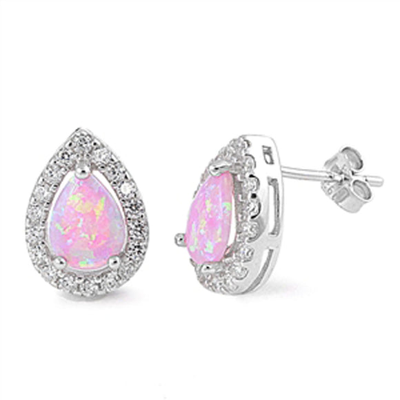 Halo Teardrop Earrings Pink Simulated Opal Clear Simulated CZ .925 Sterling Silver